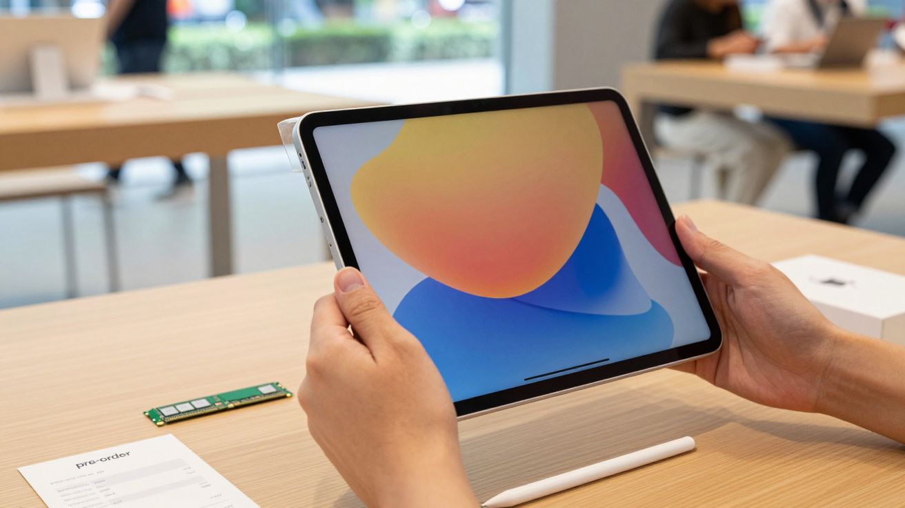 Hands holding a tablet with an abstract screen in a tech store, alongside a stylus and a pre-order form on the table.