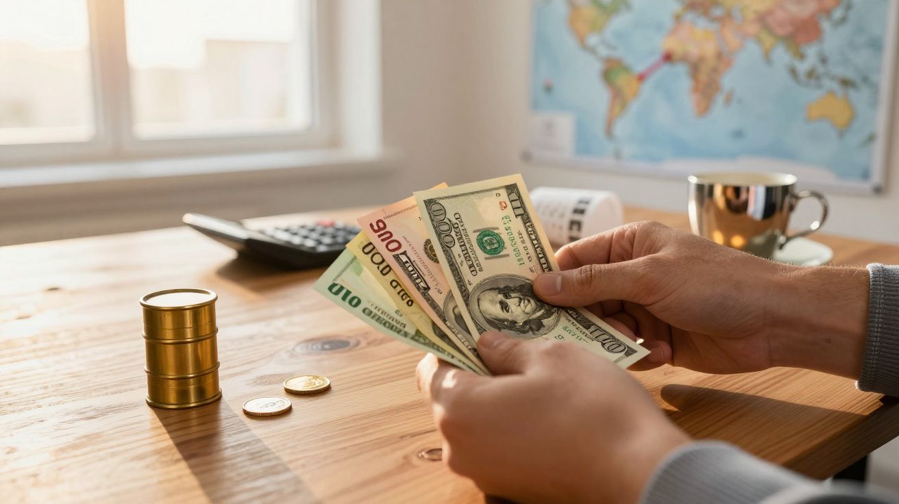 Hands holding US banknotes, coins stacked on a wooden table, calculator, and world map in the background.