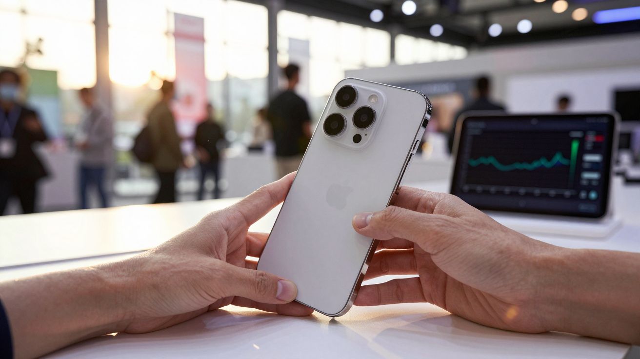 Person holding a smartphone with triple camera lenses in a bright, busy room; laptop with graph visible in the background.