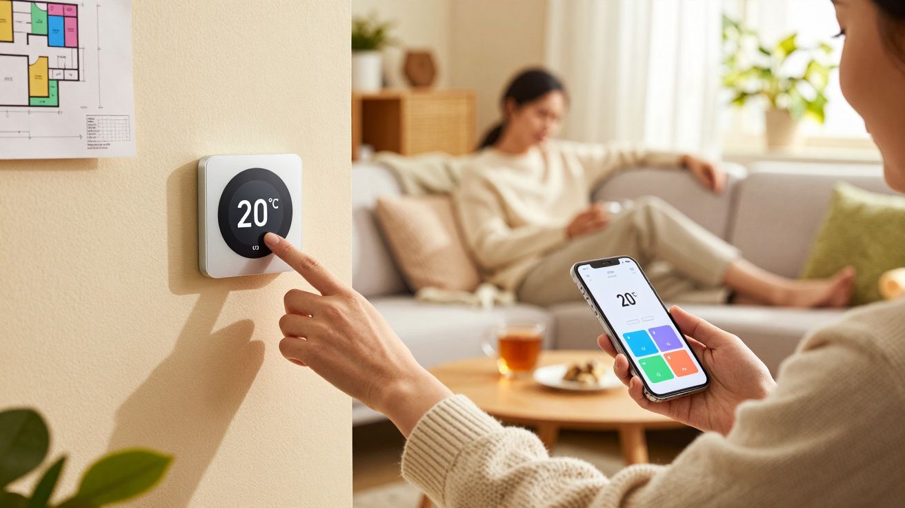 Person adjusts wall thermostat to 20°C while using a smartphone app; another person relaxes on a sofa in the background.
