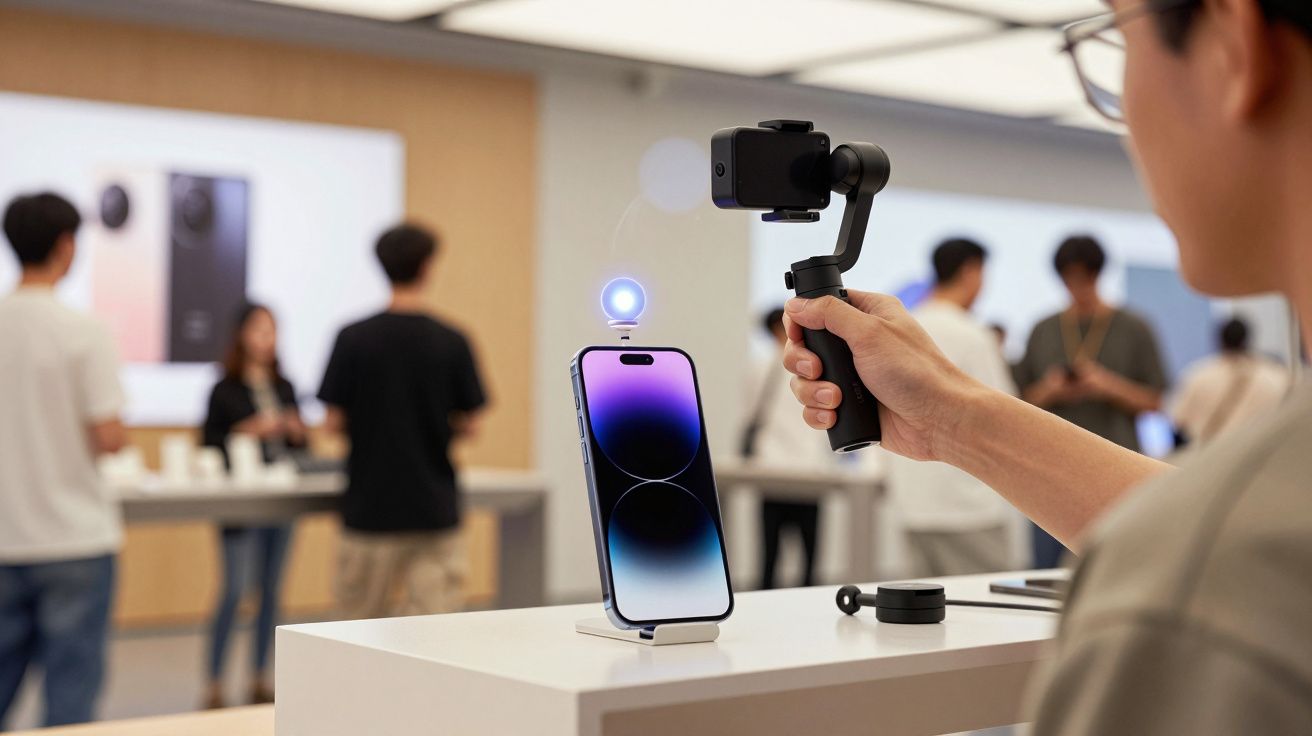 Person testing smartphone with camera stabiliser in modern tech store; blurred shoppers in background.