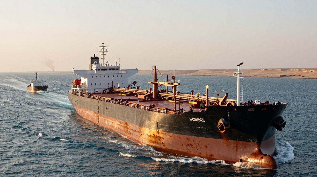 Large cargo ship navigating through a calm canal with another vessel in tow.