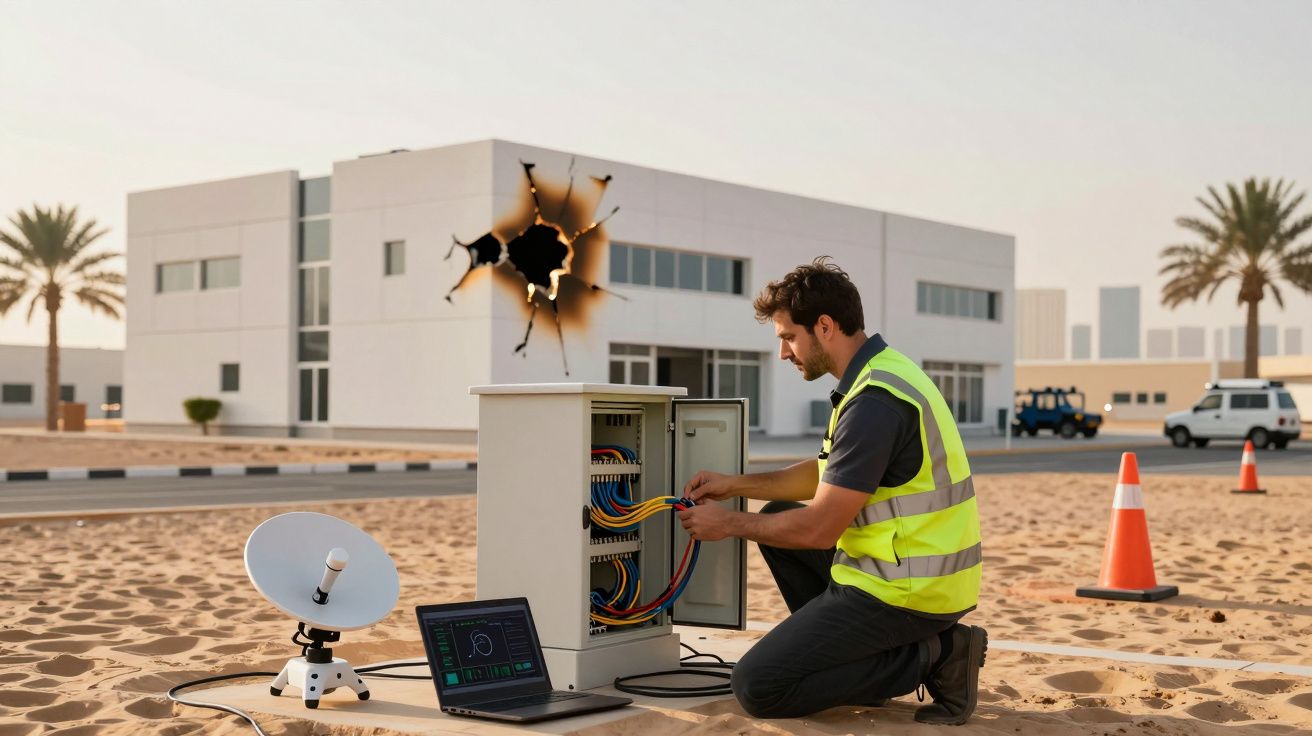 Engineer working on cables by a street cabinet with a satellite dish; damaged building in the background, near traffic cones.