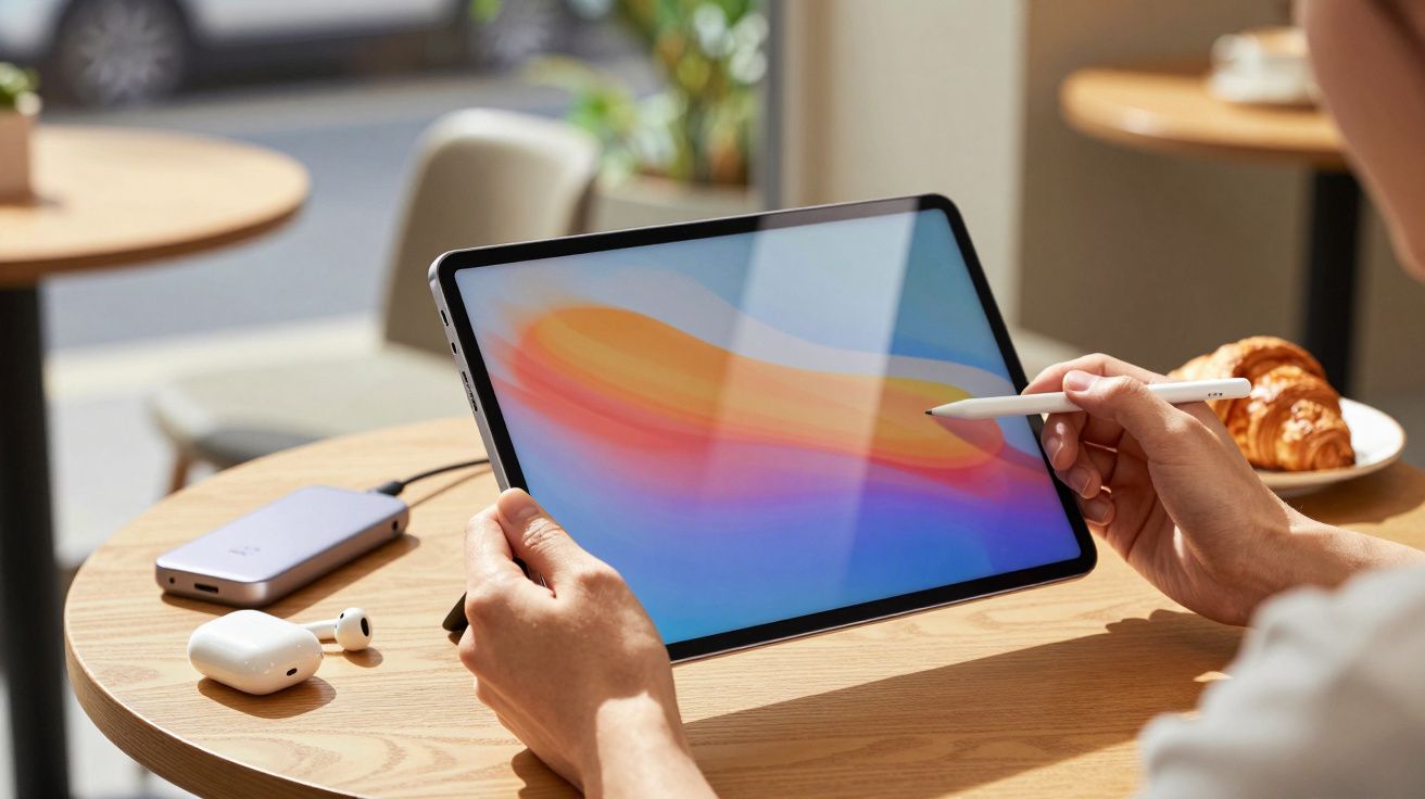 Person using a stylus on a tablet in a café, with earbuds, a power bank, and croissants on the table.