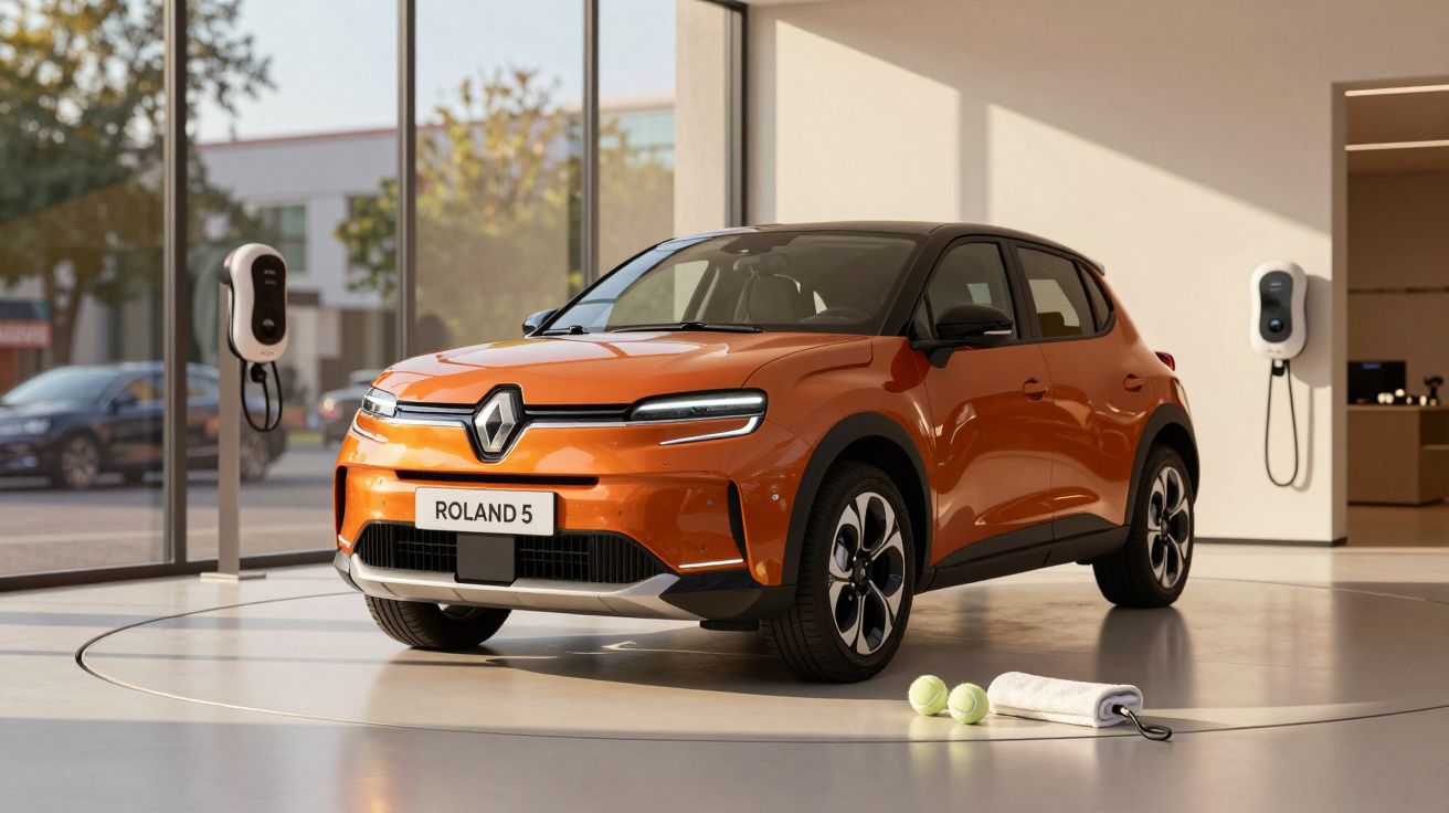 Gold electric car on display indoors, with tennis balls and a charging station nearby.