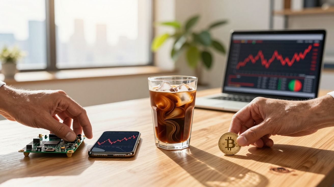 Hands holding a Bitcoin coin and a circuit board near a phone and iced coffee, with trading graphs on a laptop in the backgro