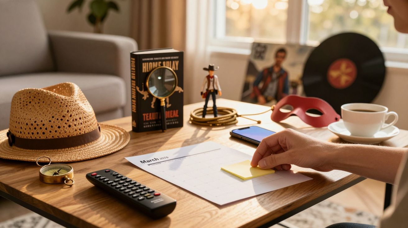 A hand places a sticky note on a calendar on a table with a coffee, hat, remote, compass, notebook, and toy figurine.
