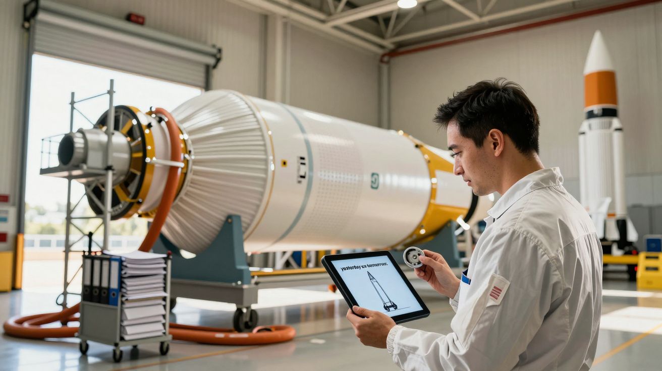 Engineer using a tablet to monitor rocket assembly in a space facility.