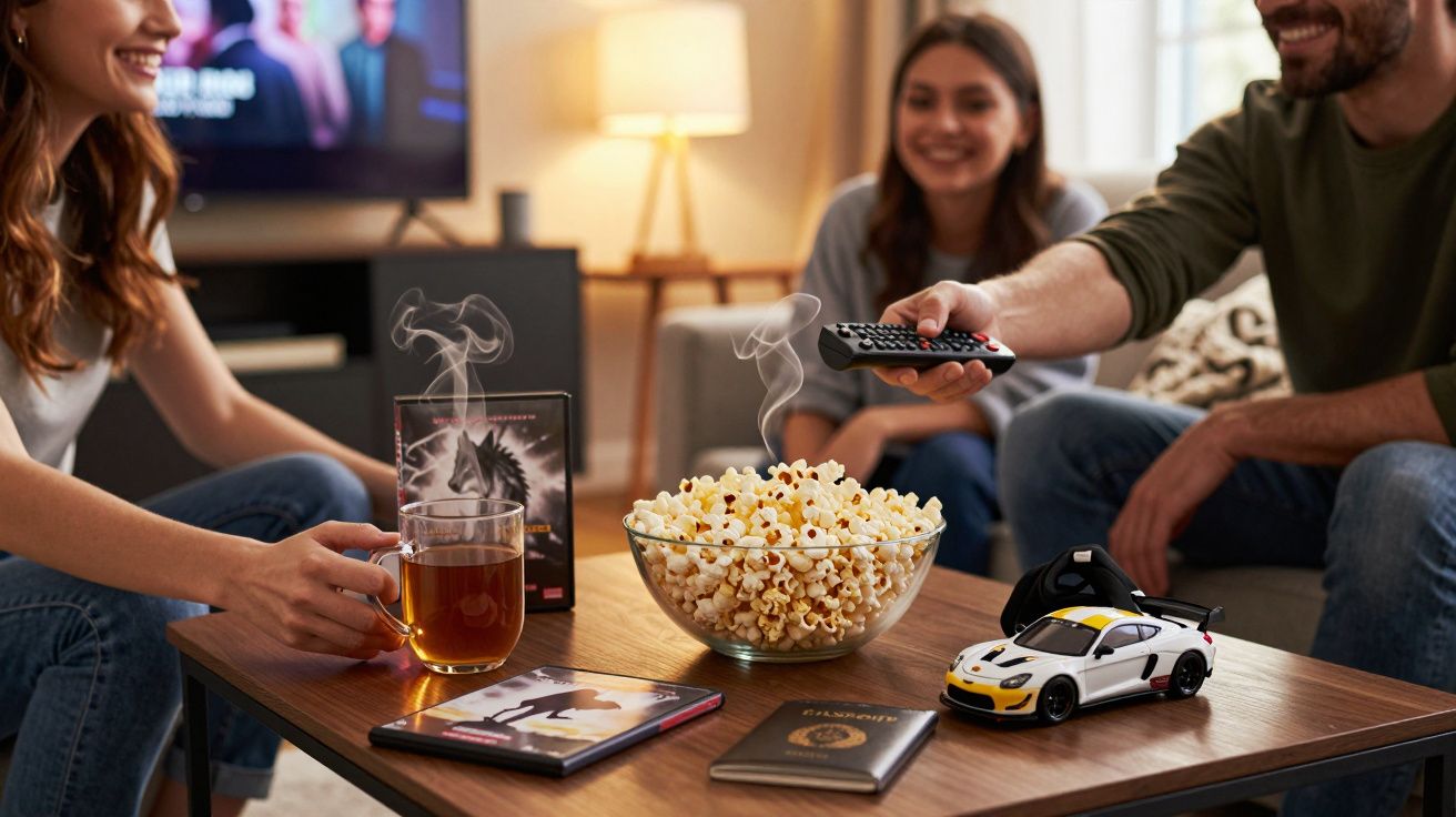 Friends enjoying a film night, with steaming popcorn and drinks on a table, remote in hand, TV on in background.