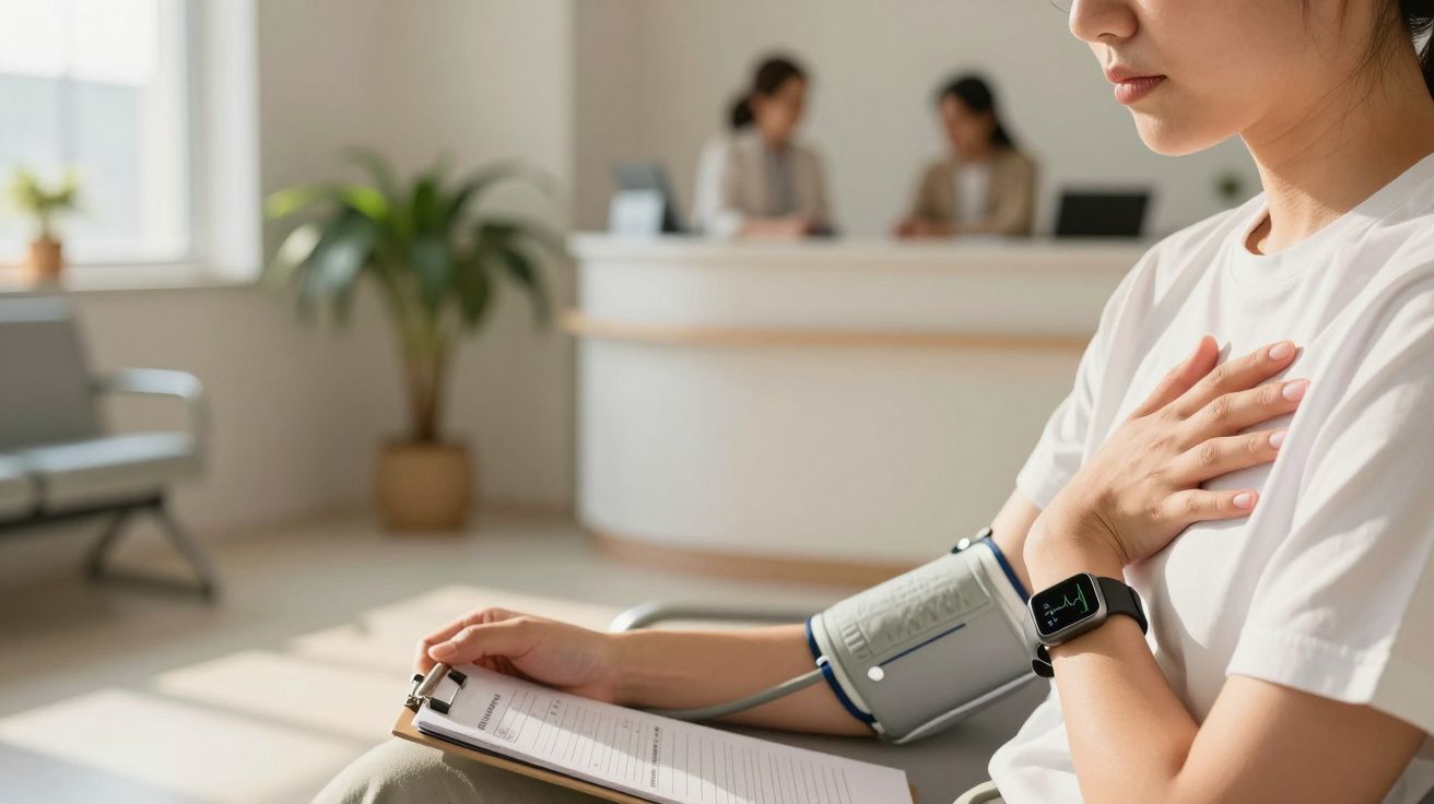 Woman in clinic with blood pressure cuff, holding chest, sitting with a clipboard. Receptionists visible in background.