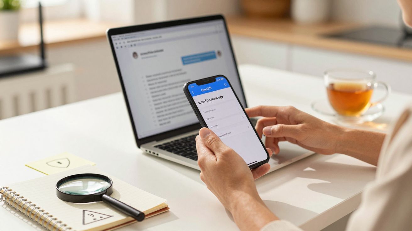 Person using smartphone and laptop at a white desk with a magnifying glass and tea.