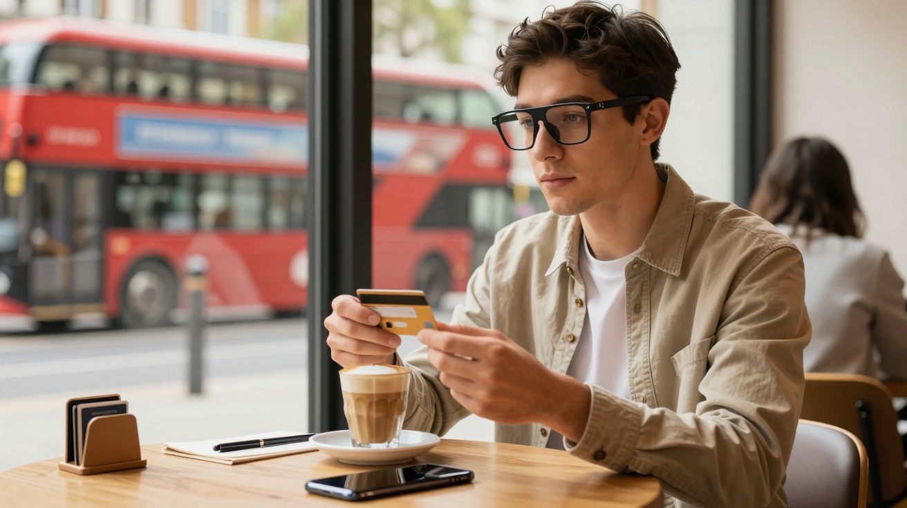 Man with glasses holds a credit card at café table, smartphone nearby. Red double-decker bus visible outside through window.