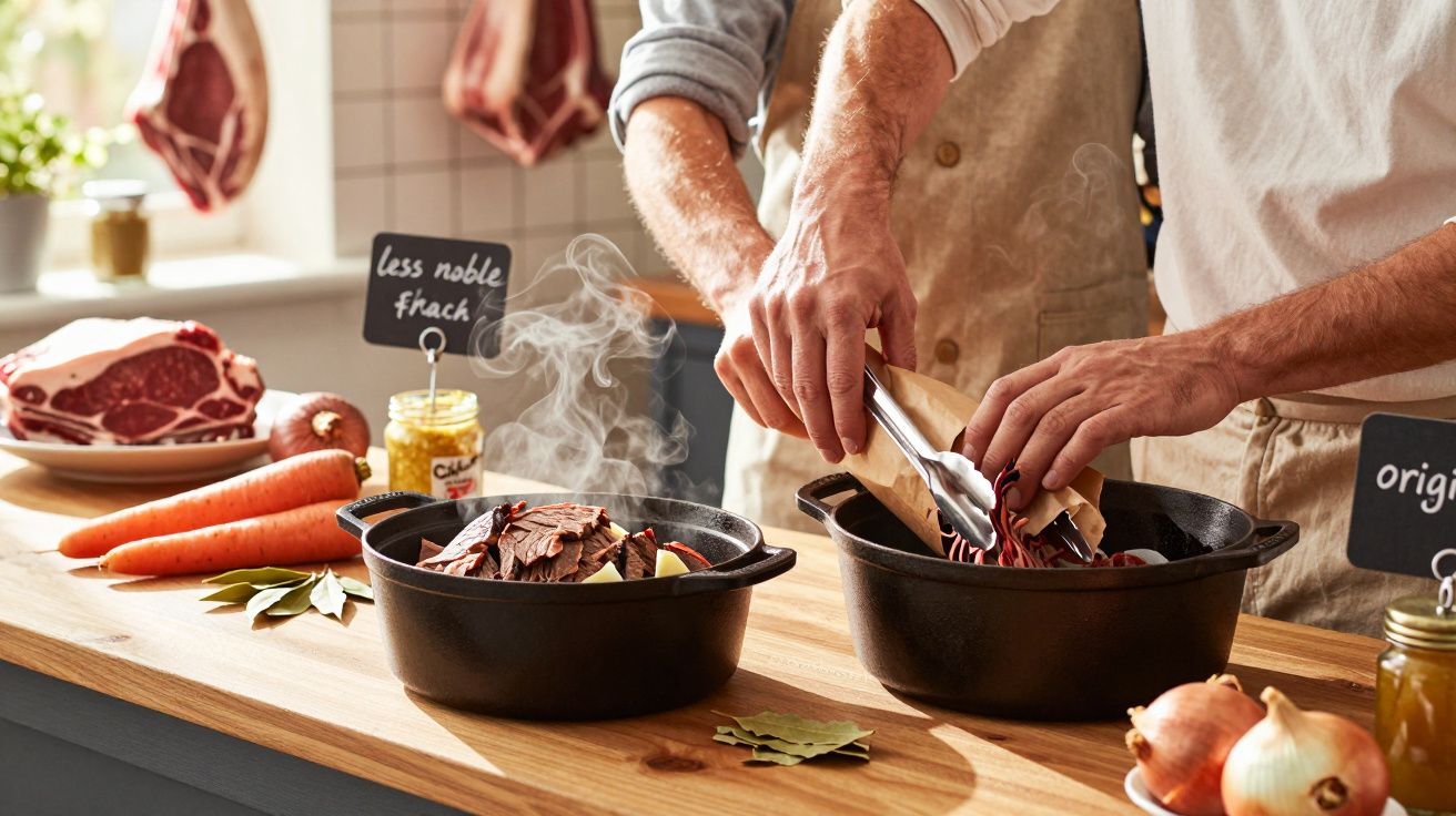 Two people cooking with black pots on a wooden counter, surrounded by vegetables and meat in a kitchen setting.