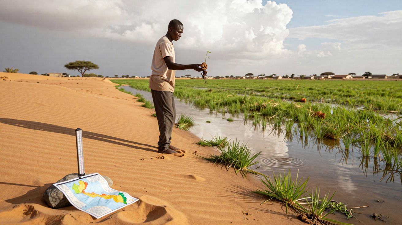 Man inspecting plant beside waterway in sandy landscape; map and measuring tool on sand.