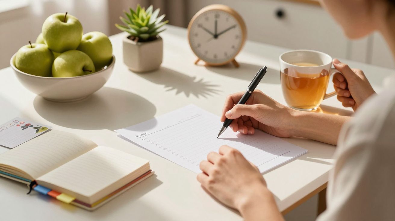 Person writing on paper at a desk with a bowl of apples, tea, and a clock.