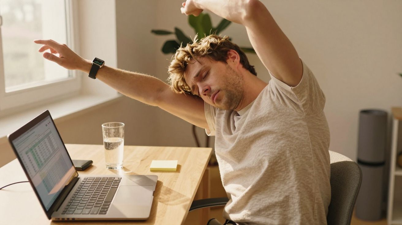Person stretching at a desk with a laptop, glass of water, and sticky notes, illuminated by natural light.
