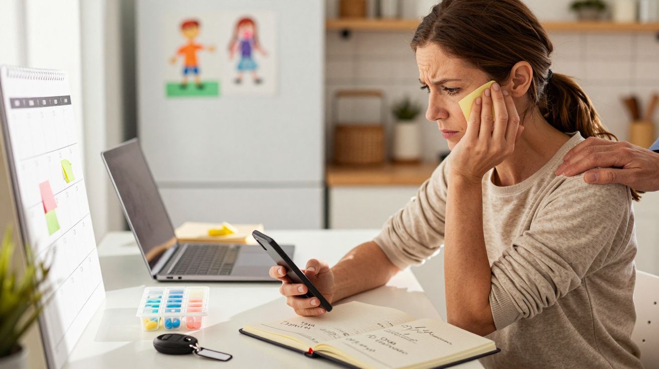 Woman sitting at desk, looking worried at her phone, open laptop beside her, hand on shoulder.