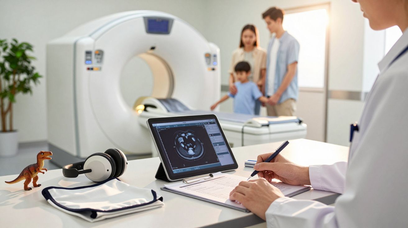 A doctor reviews scan results on a tablet near an MRI machine, while a family with a child stands in the background.