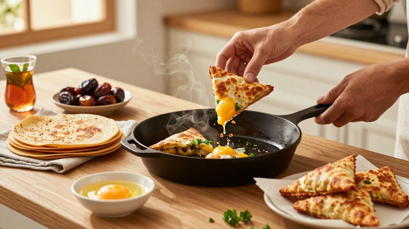 Hand holding cooked stuffed bread with egg yolk over a skillet, surrounded by flatbreads, tea, and dates on a table.