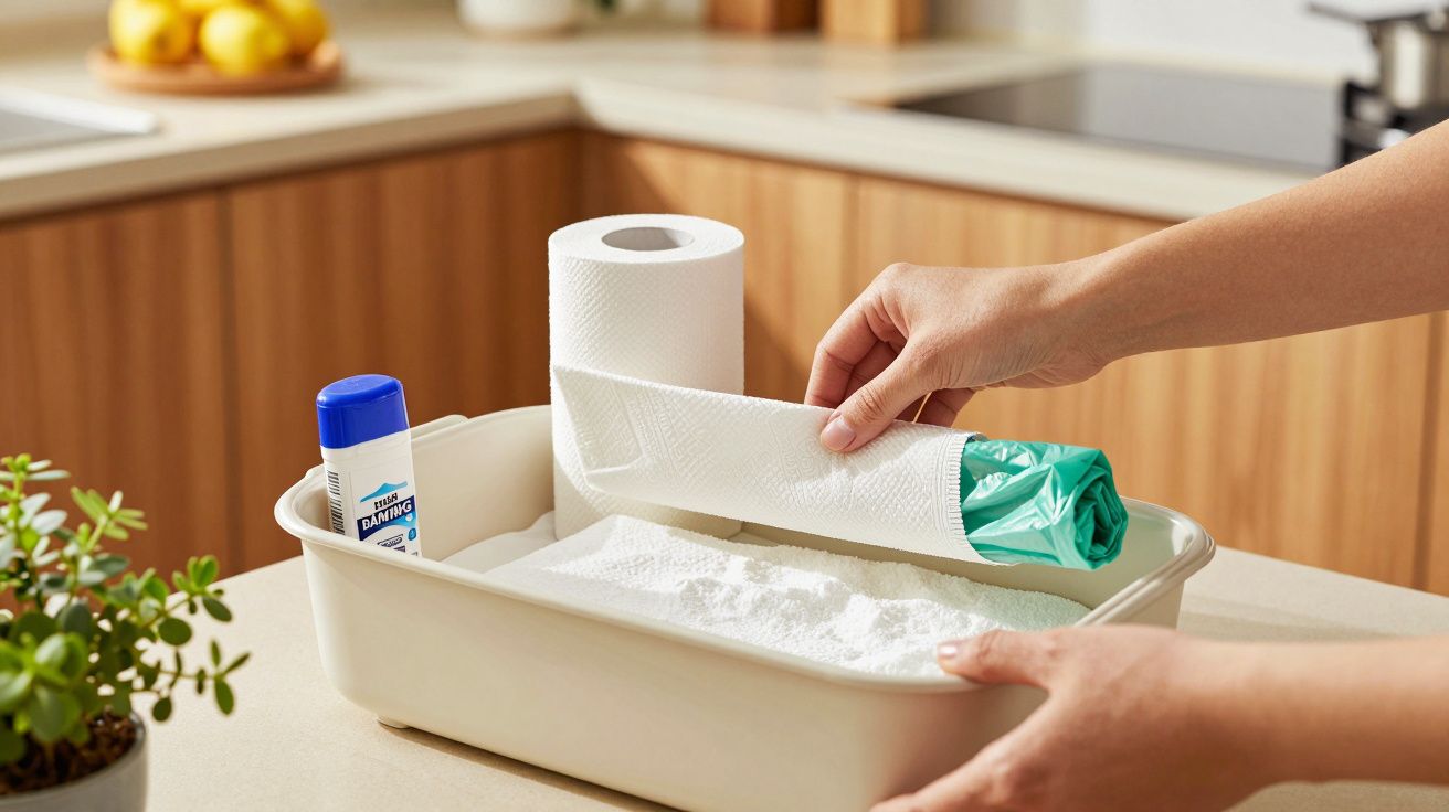 Hands placing paper towel and bin liner in a white tray with cleaning supplies on a kitchen counter.