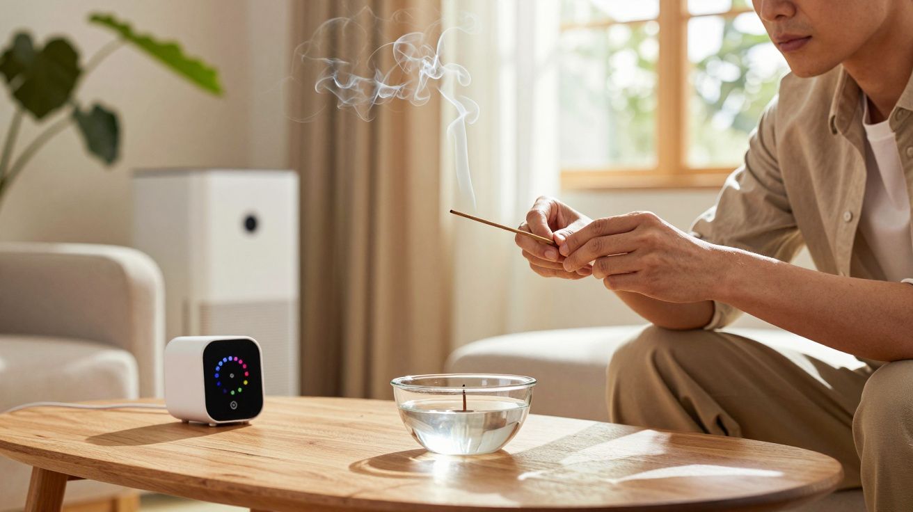 Person holding incense stick near wooden table with air quality monitor and bowl of water, smoke rising in sunny room.
