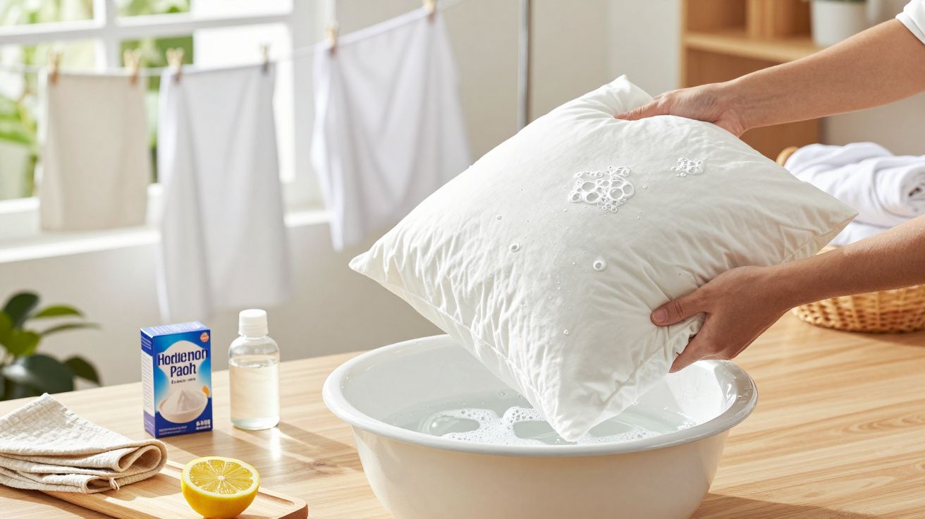 Person washing a white pillow in a bowl with soap, lemon, and cleaning supplies on a wooden table, drying laundry in backgrou