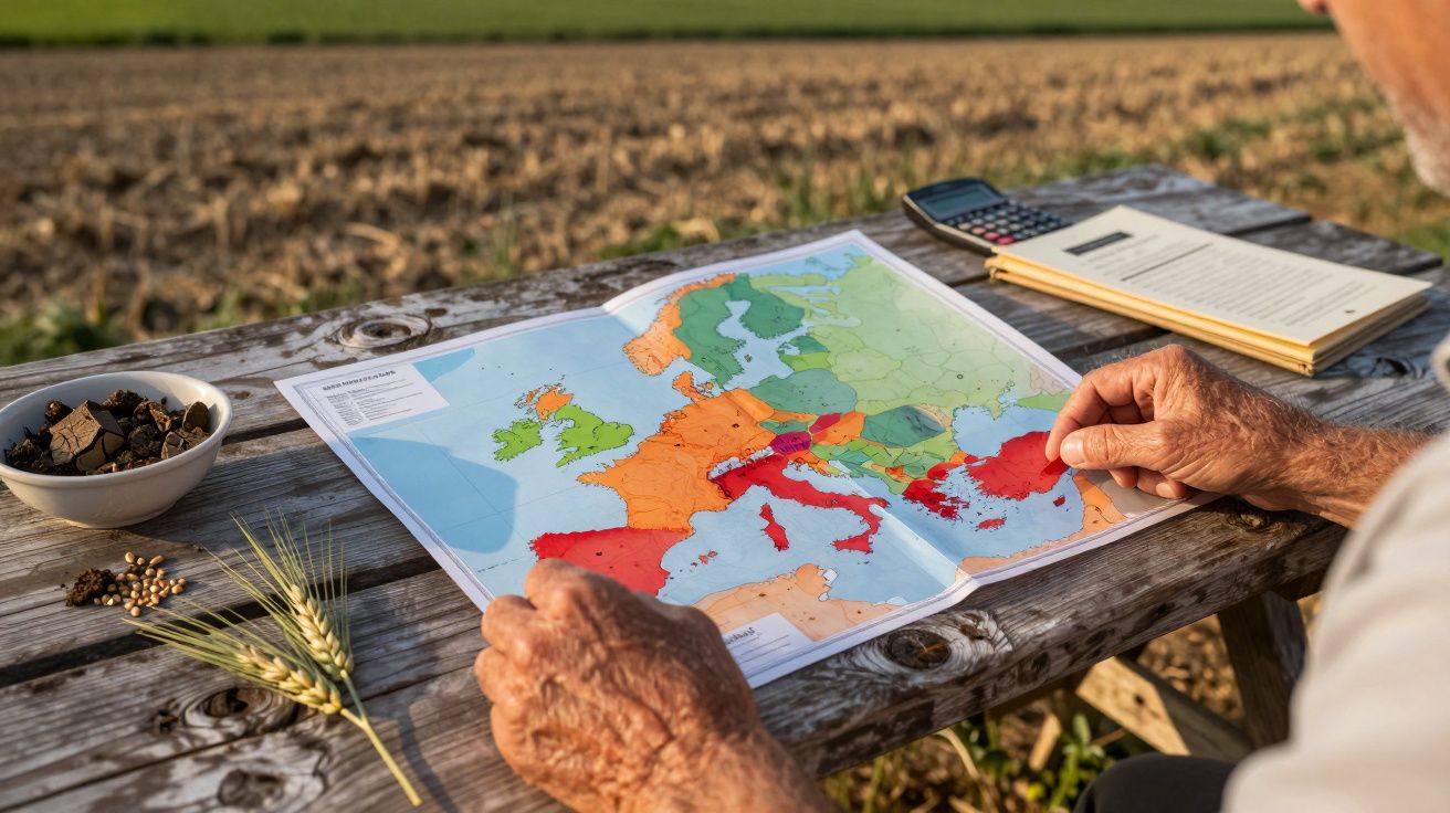 Man studying a European map at a wooden table outdoors, surrounded by seeds, soil samples, and a field in the background.