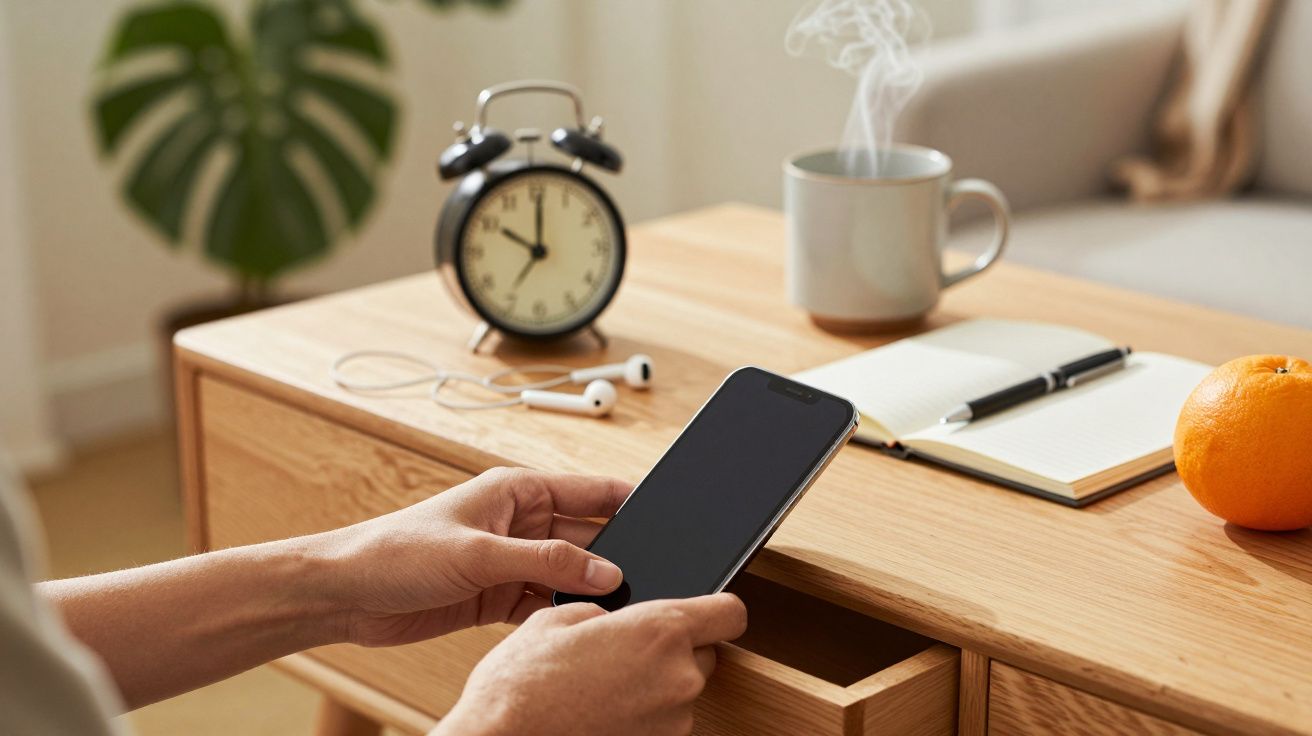 Hands holding a smartphone near a wooden table with a clock, notebook, mug, earphones, and an orange.