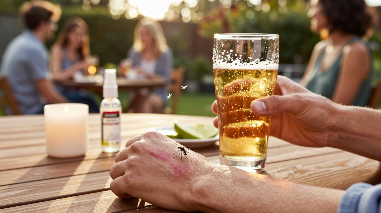 Close-up of hand holding beer outdoors, with mosquito on hand. Group of people blurred in background.