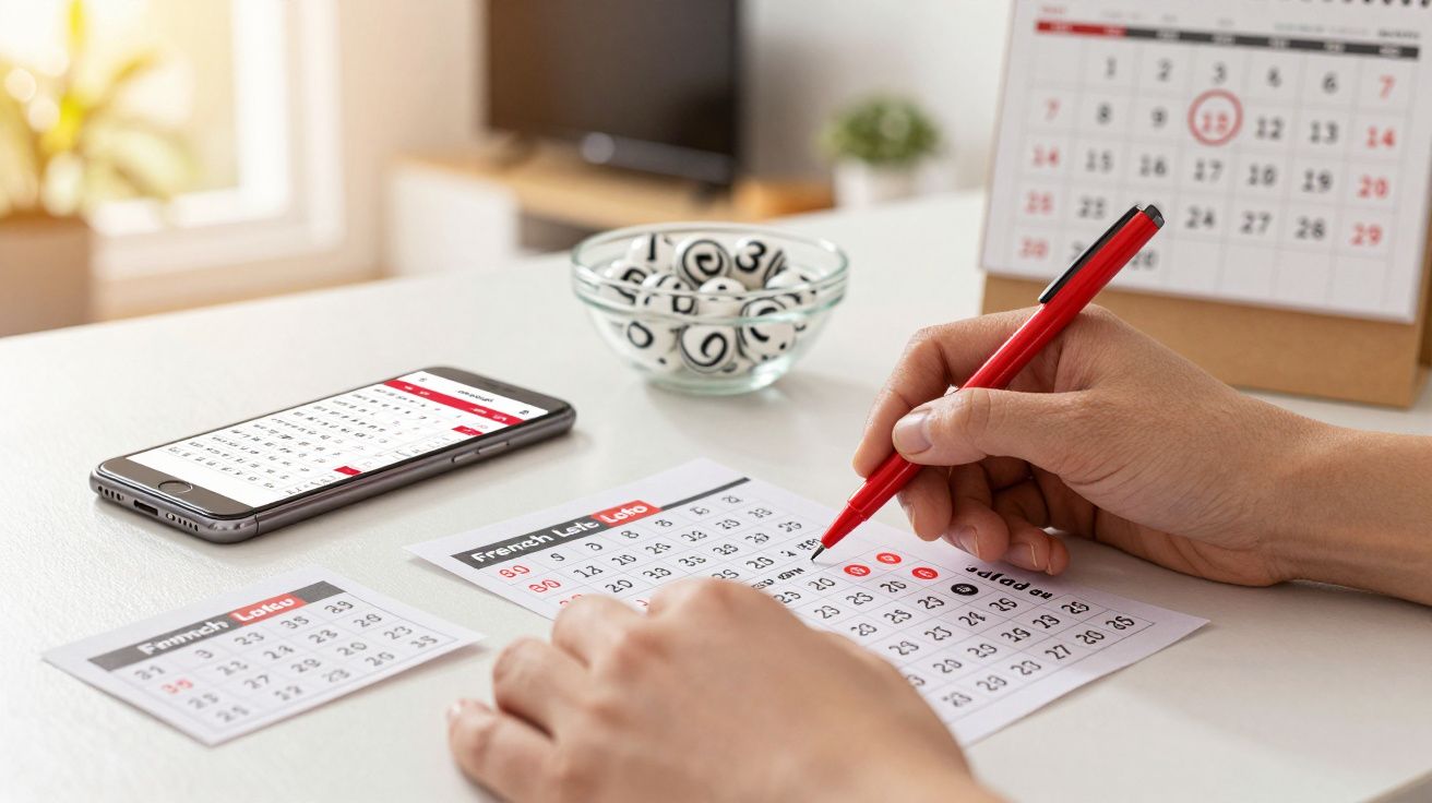 Person marking dates on a calendar with a red pen, surrounded by a smartphone, paper notes, and a bowl of balls.