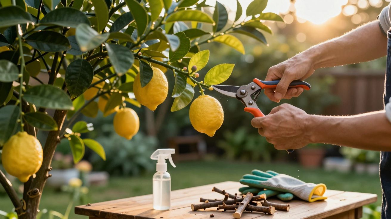 Person pruning lemons from a tree, holding clippers. Gardening gloves, shears, and spray bottle on wooden table nearby.