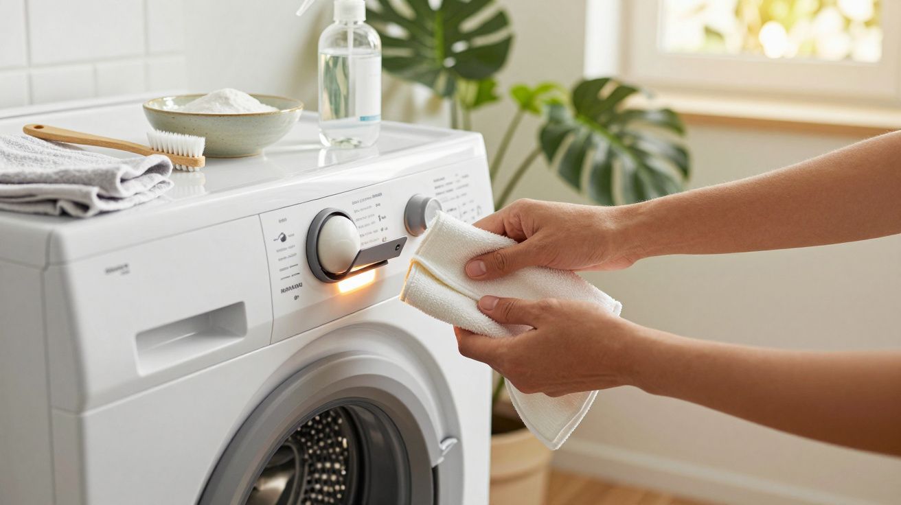 Hands adjusting a washing machine dial, next to detergent and a brush, with a plant in the background.