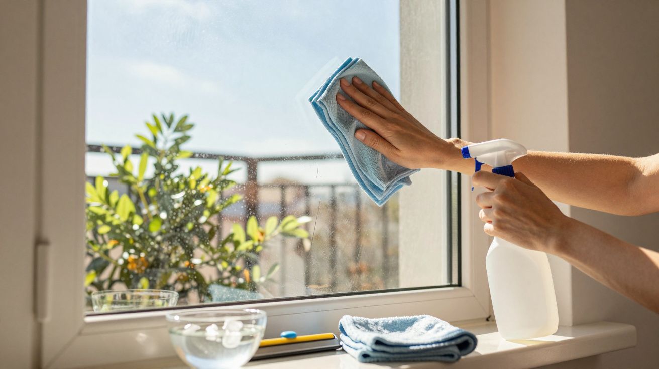Hands cleaning a window with a blue cloth and spray bottle; view of plants outside.