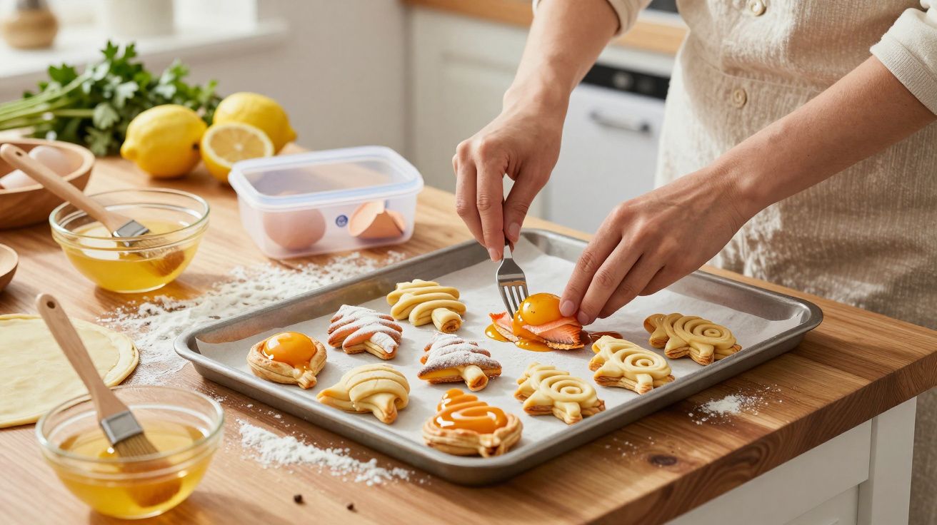 Person preparing pastries with egg yolk on a baking tray in a kitchen.