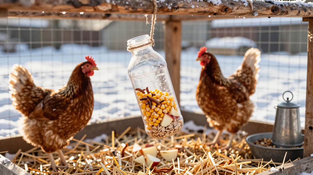 Two chickens in a snowy coop peck at a hanging glass jar filled with corn, seeds, and mealworms.