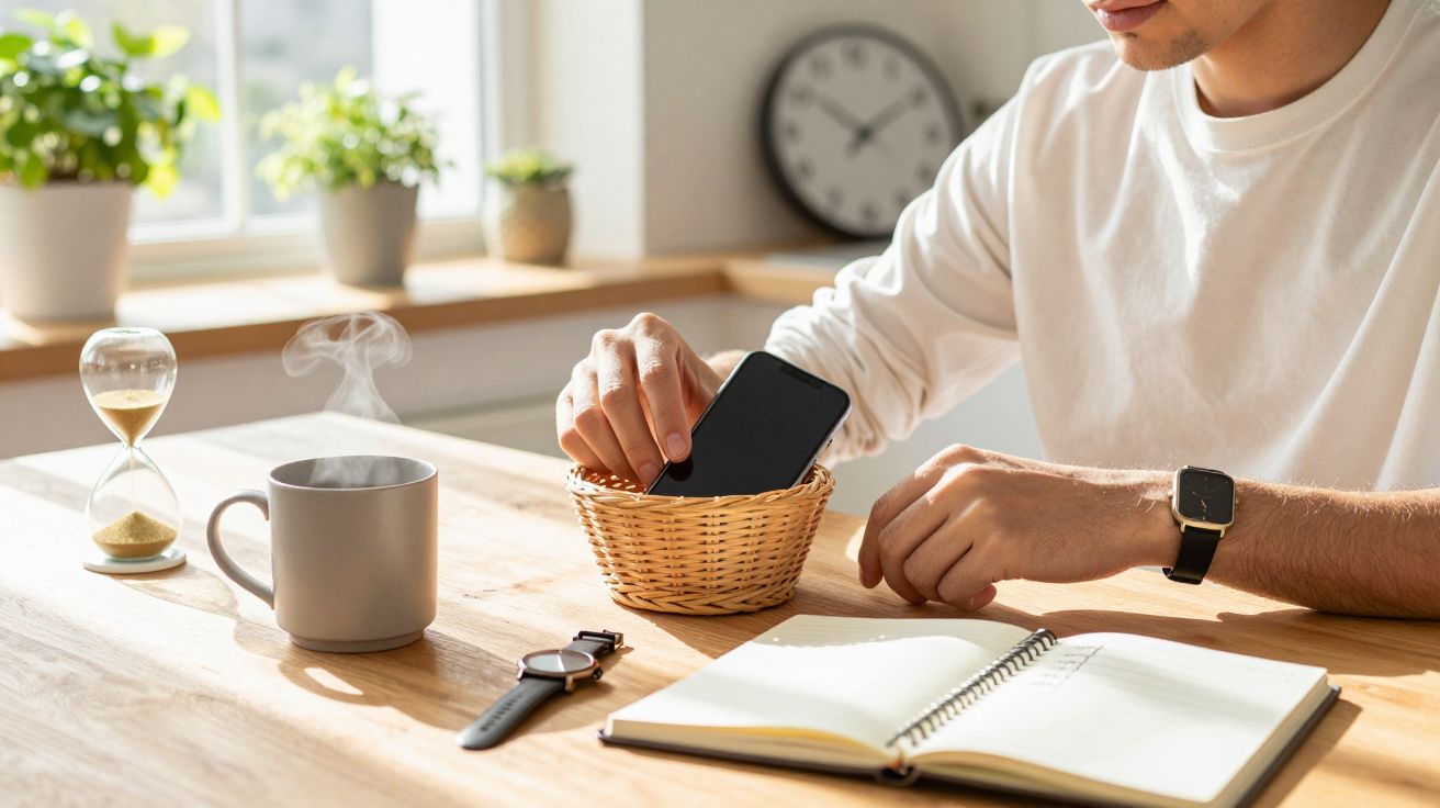Person places phone in basket, notebook open, coffee steaming, hourglass and plants in background on sunlit table.