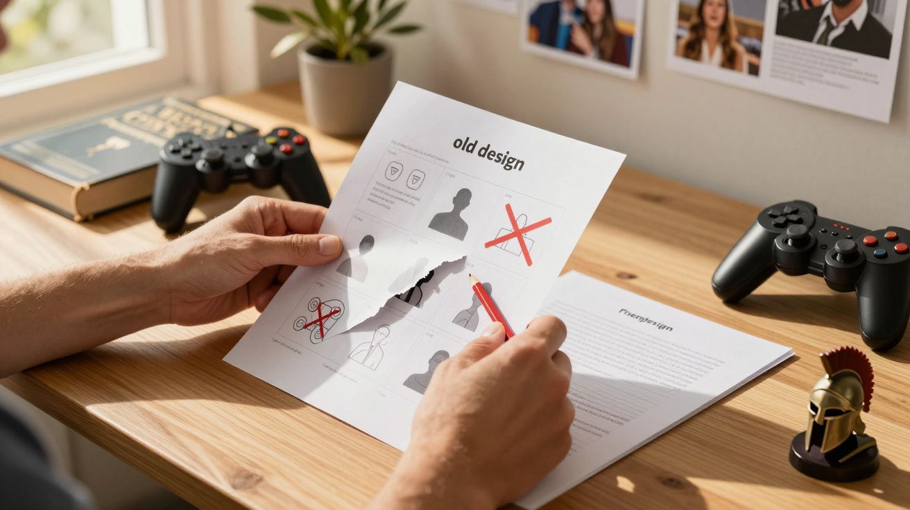 Person reviewing torn design papers at a wooden desk with a book, game controllers, and a small helmet decoration.