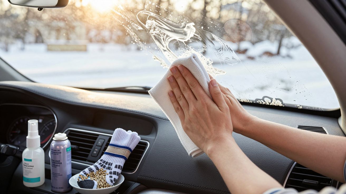 Person cleaning car windscreen interior with cloth in snowy weather; dashboard with cleaning supplies and socks nearby.