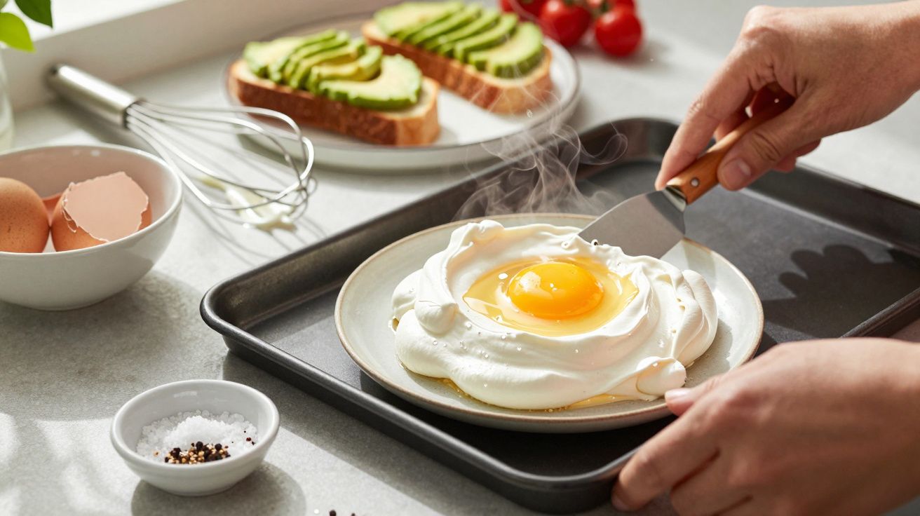 Person serving a cloud egg on a plate, with avocado toast, eggshells, and seasoning nearby on a kitchen counter.