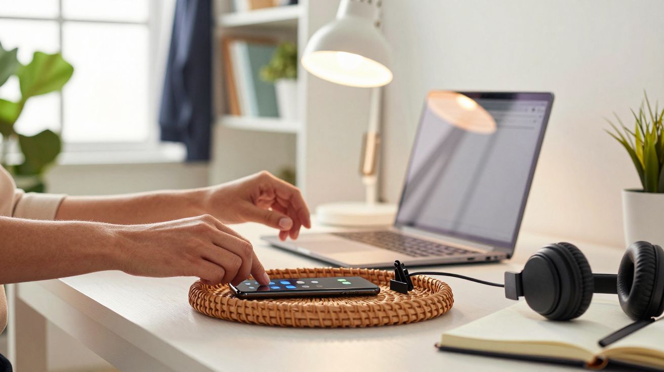 Person using smartphone on a woven mat, with a laptop, headphones, and lamp on a desk in a well-lit home office.