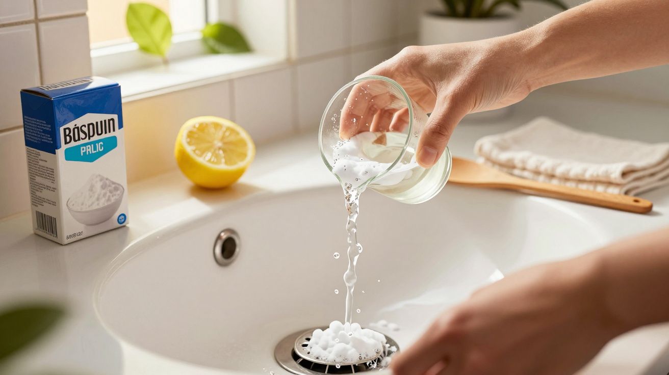 Hand pouring cleaning solution into a sink with a box of powder and a lemon nearby.