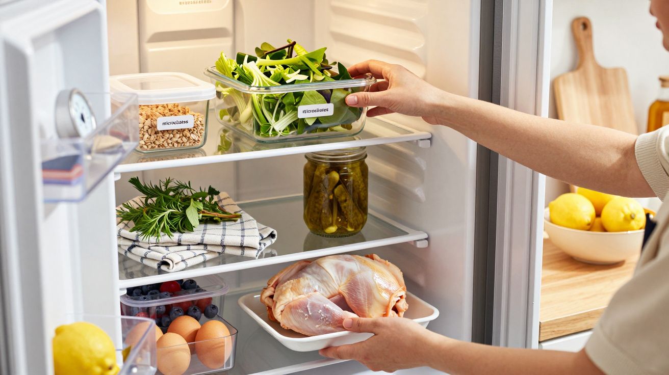 Person placing salad container in a fridge with chicken, pickles, eggs, berries, and herbs.