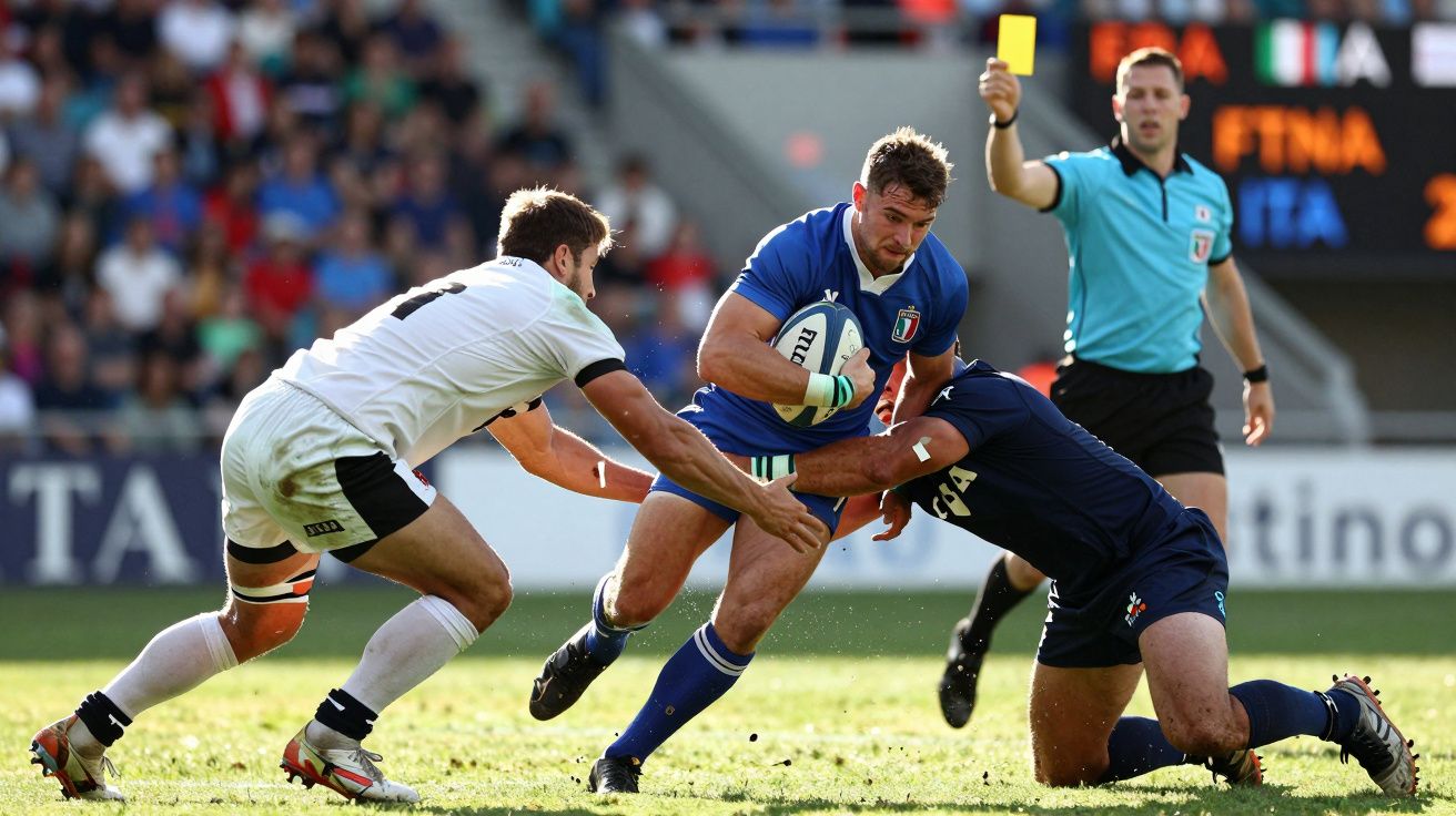 Rugby player in blue tackled by two opponents; referee raising a yellow card in the background.