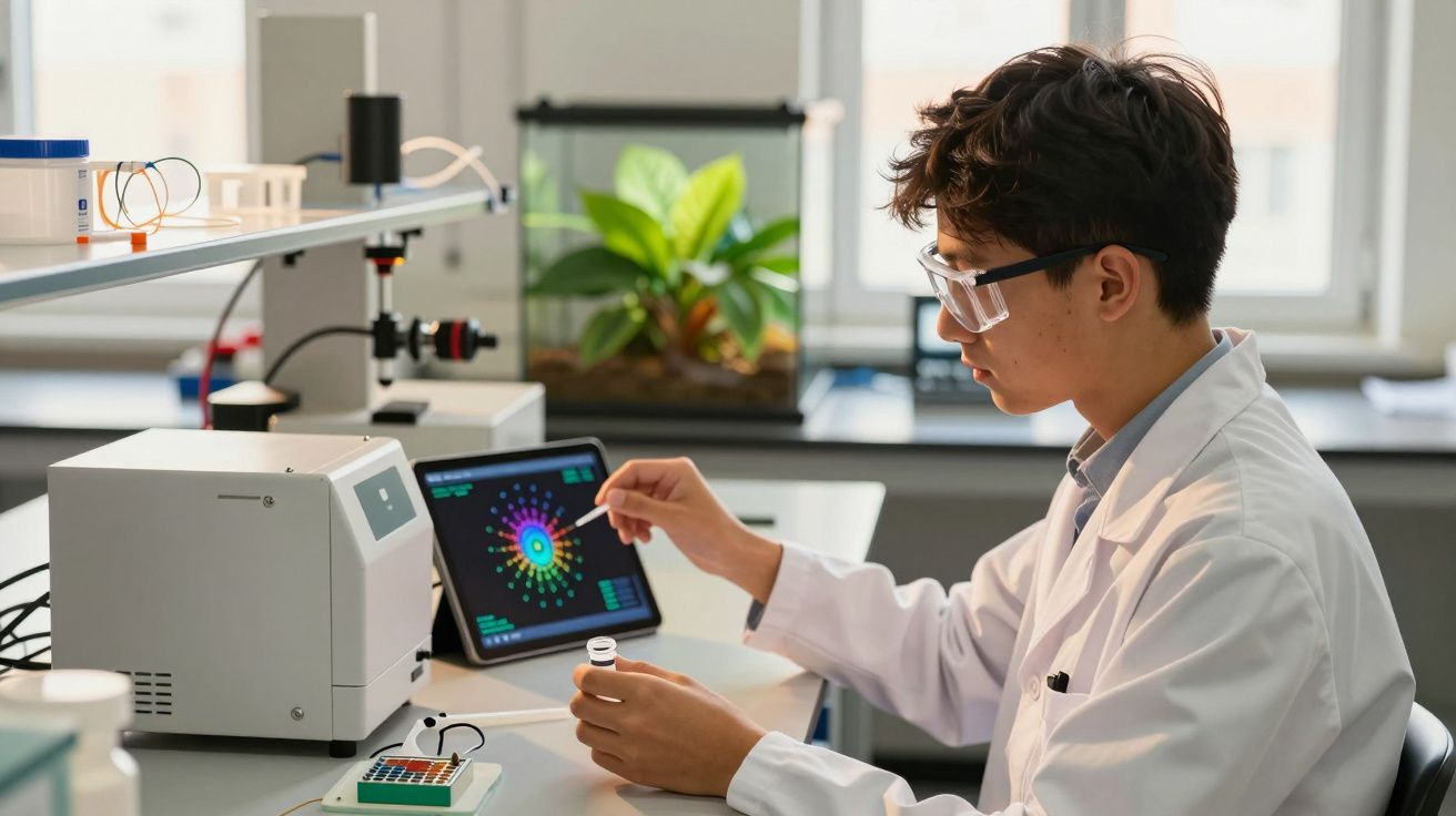 A scientist in a lab coat analyses data on a tablet, holding a sample tube, with a plant in the background.