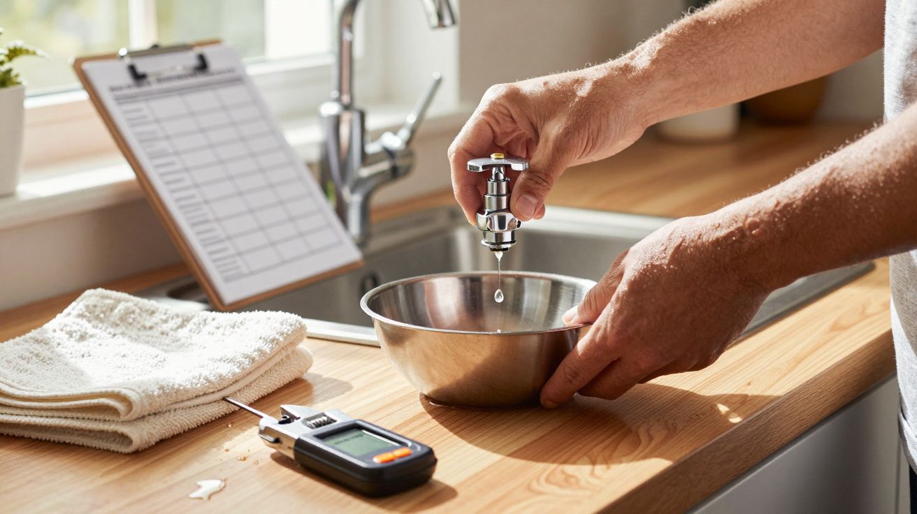 Person testing water with a handheld device over a metal bowl on a wooden kitchen counter near a clipboard and towels.