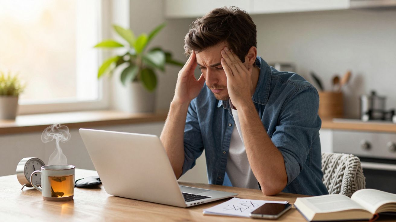 Man looking stressed at laptop, hands on temples, with tea, phone, book, and clock on table.