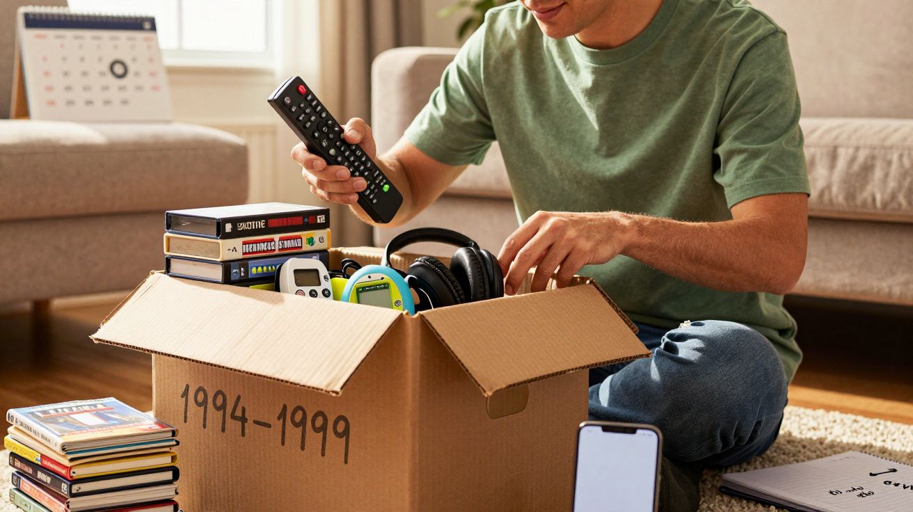 Person unpacking a box labelled "1994-1999" containing VHS tapes, headphones, a remote, and retro gadgets in a living room.