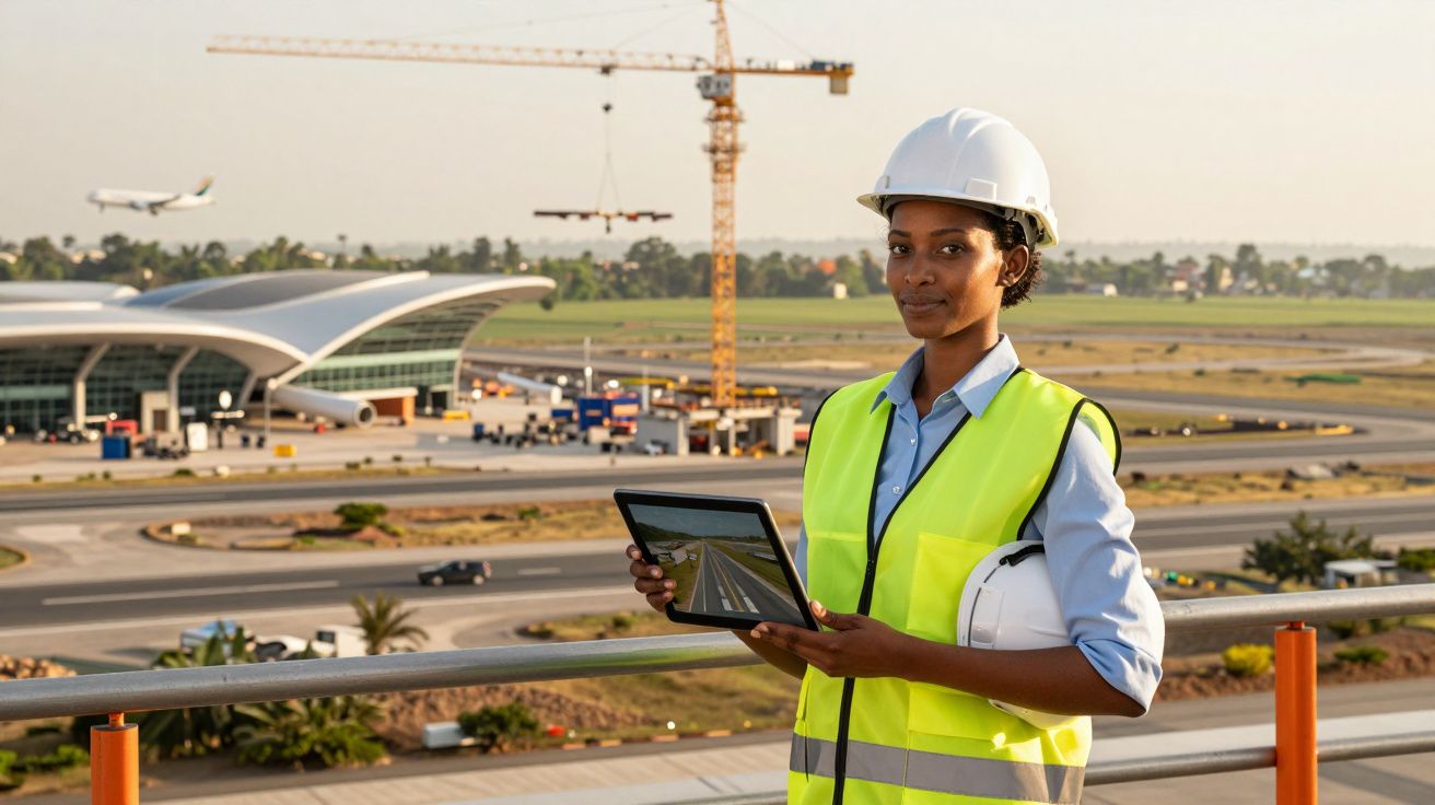 Engineer with tablet at airport construction site, wearing safety gear. Plane taking off and crane in the background.