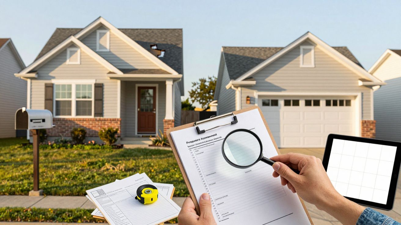 House inspection scene with house, clipboard, magnifying glass, tape measure, and tablet in foreground.