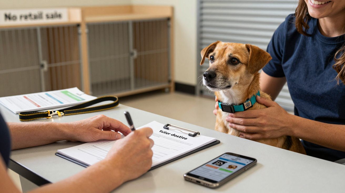 Person holding a small dog at a table while another person fills out paperwork, smartphone and leash nearby.